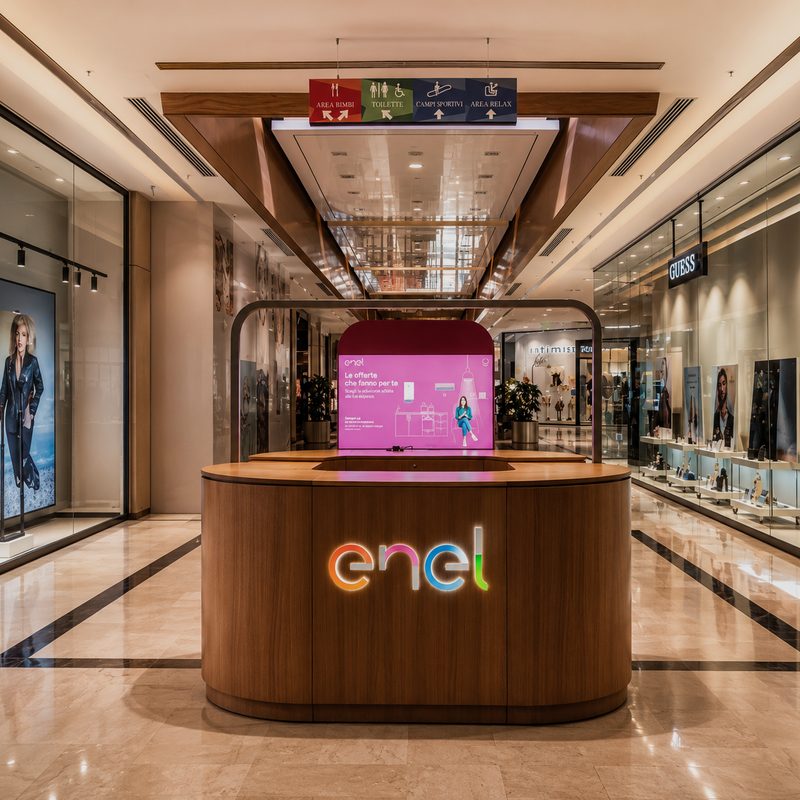 Banco attivazione Enel presidiato in una galleria commerciale premium